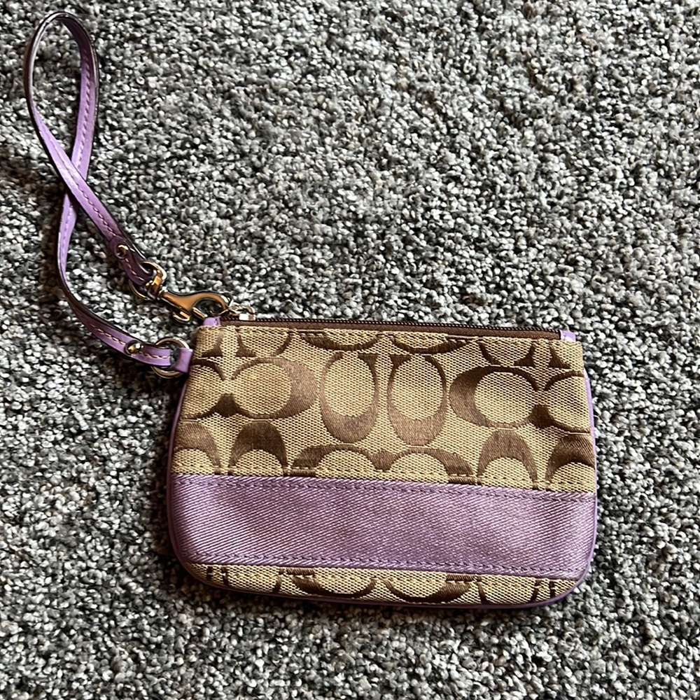 Coach, purple and beige, wristlet, small stain on inside, will hold cards